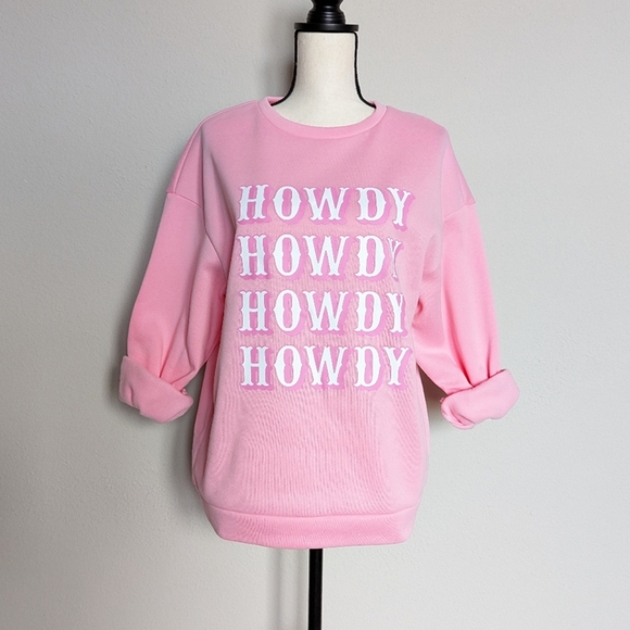 Pink and white western cowgirl Howdy fleece lined crewneck sweater size M - Picture 2 of 5